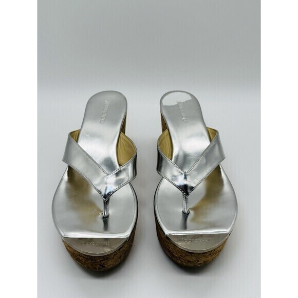 Jimmy Choo Shoes - Jimmy Choo Women's Velvety SILVER Cork Wedge Heel Thong Sandals SIZE 40 1/2